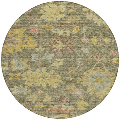 3' X 5' Artichoke Green Coral And Brown Floral Washable Indoor Outdoor Area Rug