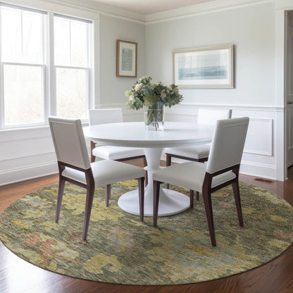 3' X 5' Artichoke Green Coral And Brown Floral Washable Indoor Outdoor Area Rug
