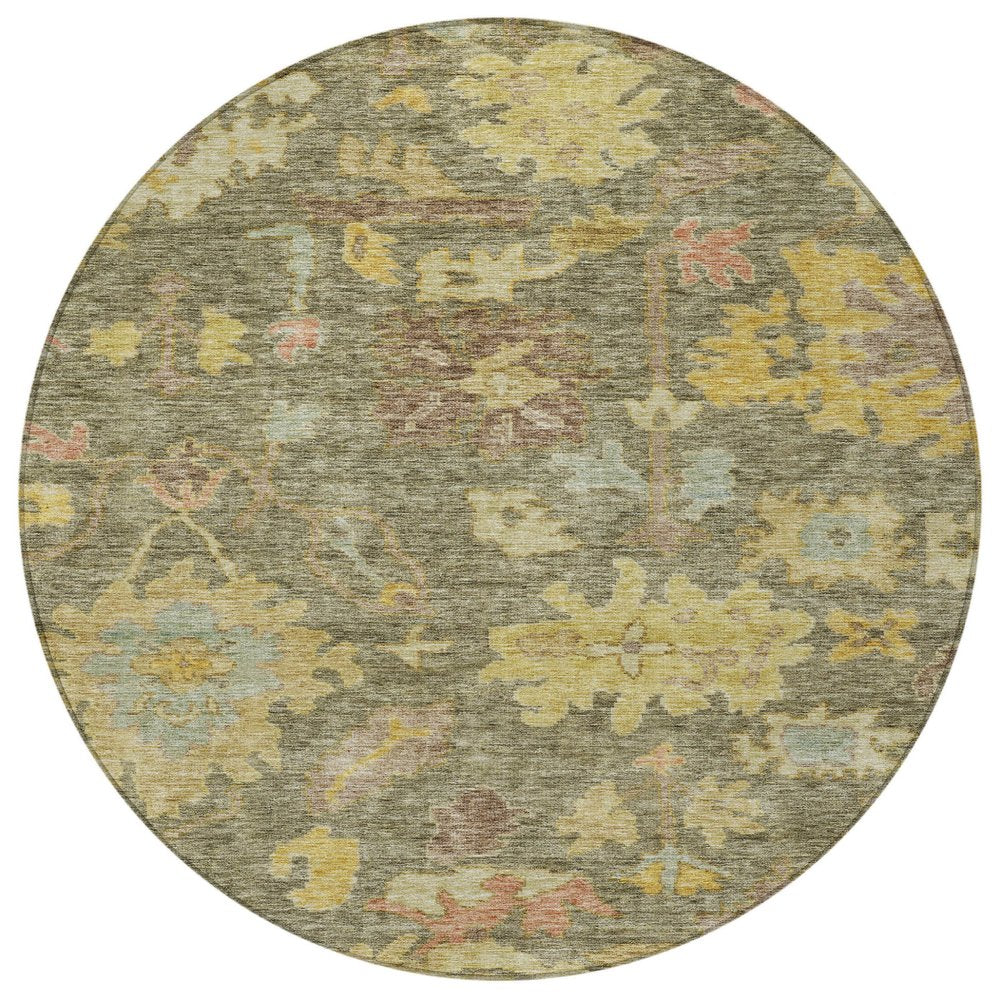 3' X 5' Artichoke Green Coral And Brown Floral Washable Indoor Outdoor Area Rug
