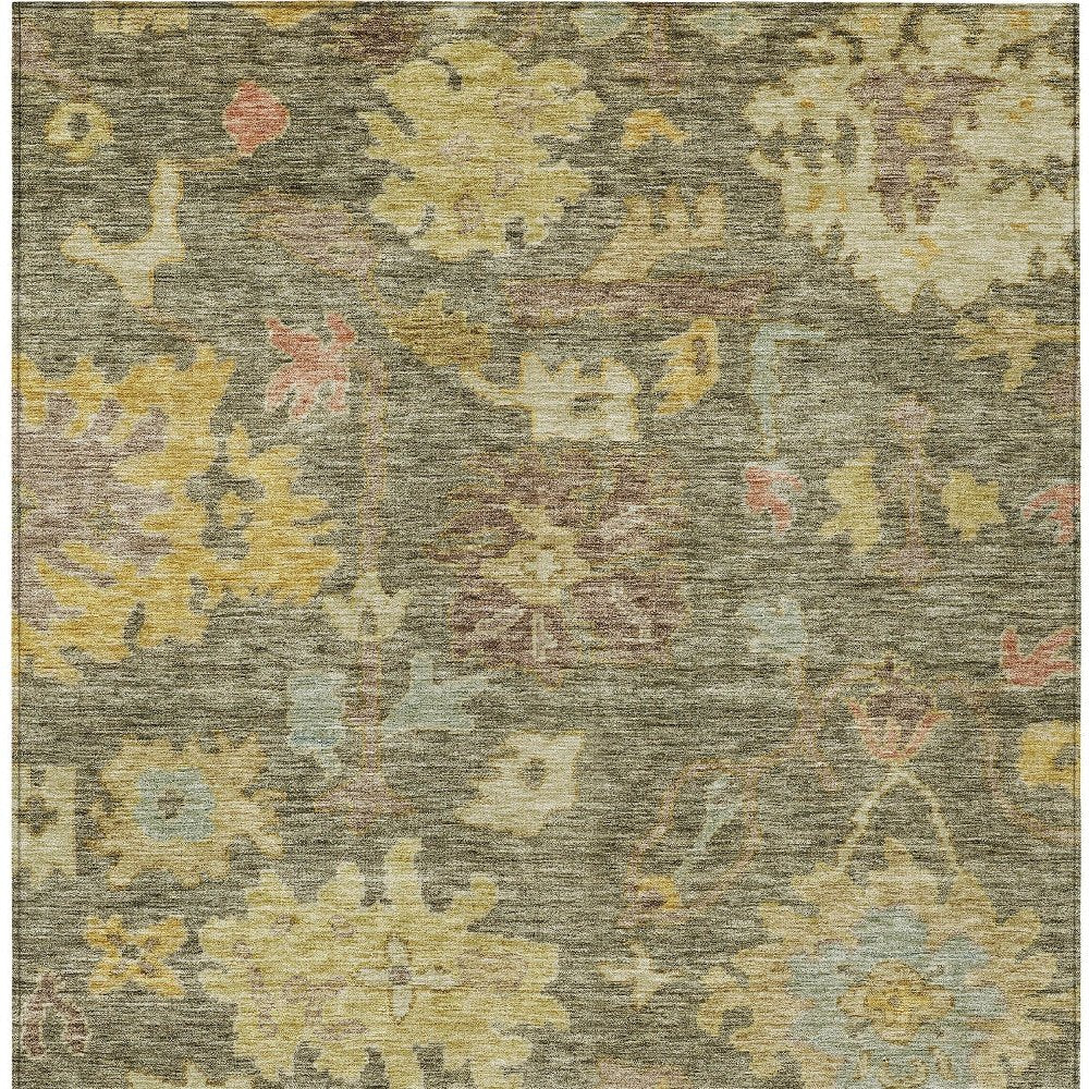 3' X 5' Artichoke Green Coral And Brown Floral Washable Indoor Outdoor Area Rug