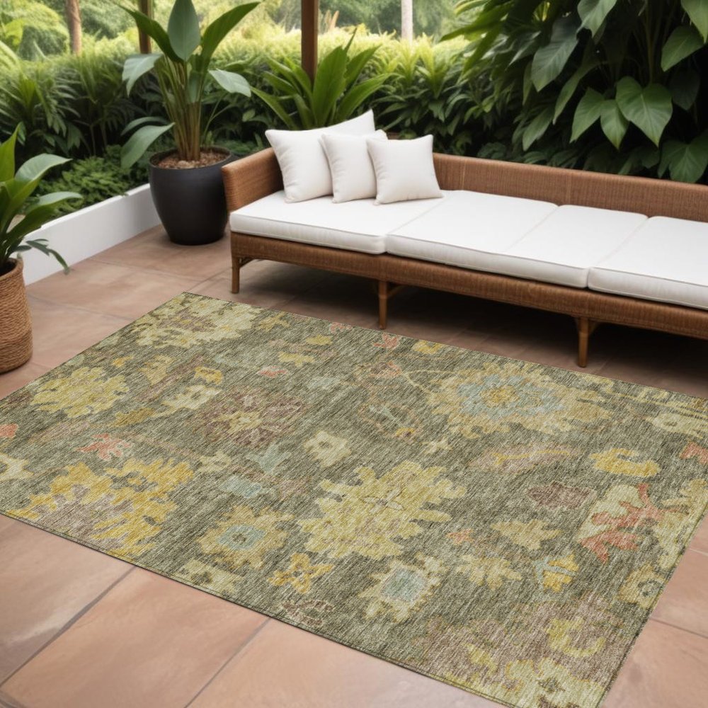 3' X 5' Artichoke Green Coral And Brown Floral Washable Indoor Outdoor Area Rug