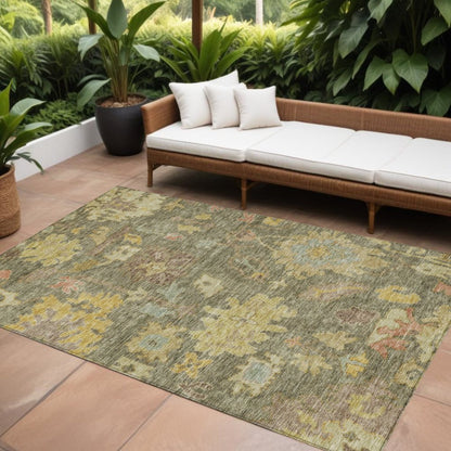3' X 5' Artichoke Green Coral And Brown Floral Washable Indoor Outdoor Area Rug