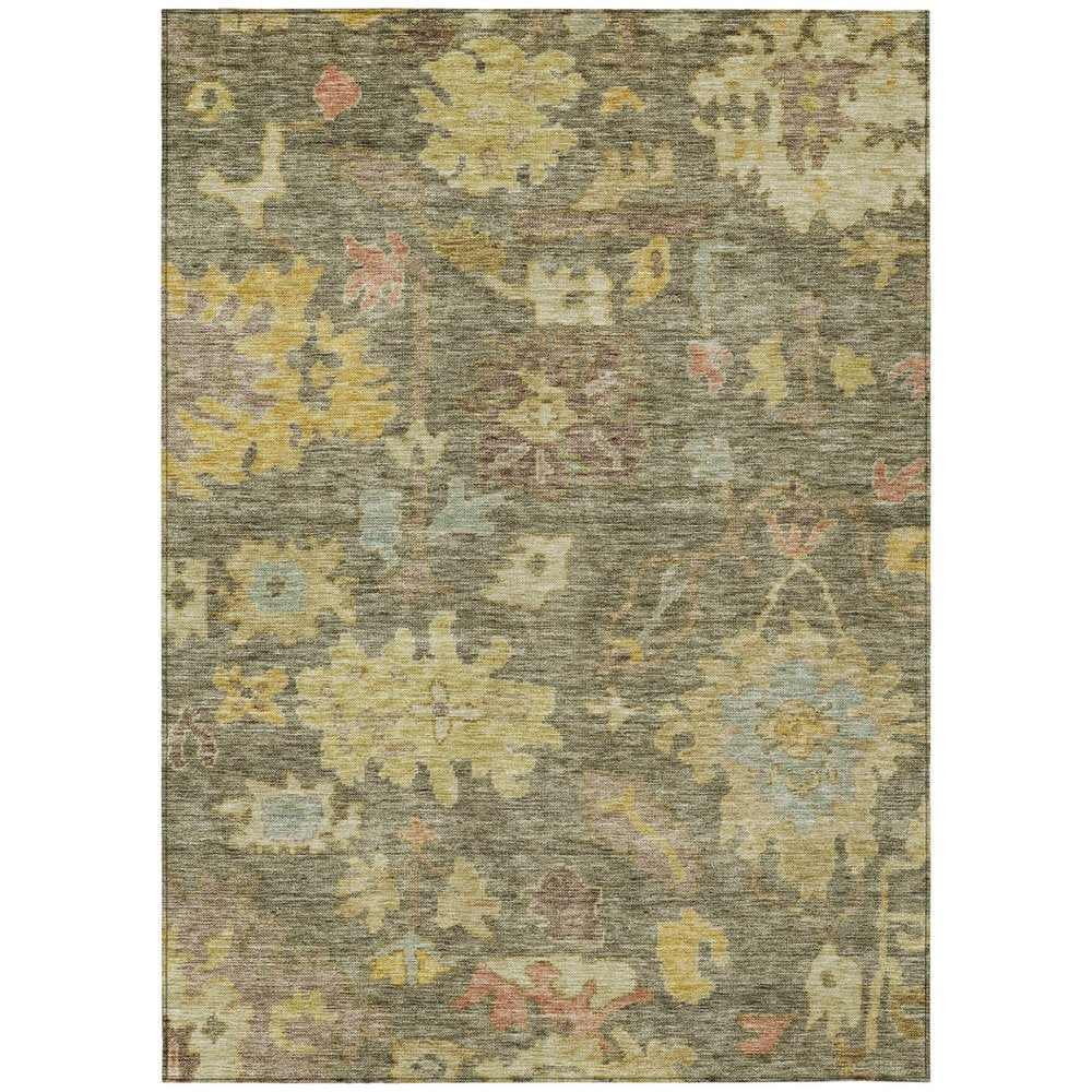 3' X 5' Artichoke Green Coral And Brown Floral Washable Indoor Outdoor Area Rug