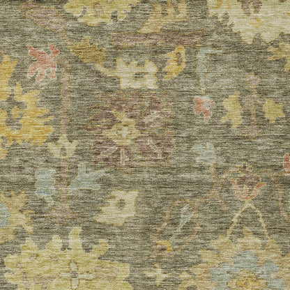 3' X 5' Artichoke Green Coral And Brown Floral Washable Indoor Outdoor Area Rug