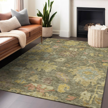 3' X 5' Artichoke Green Coral And Brown Floral Washable Indoor Outdoor Area Rug