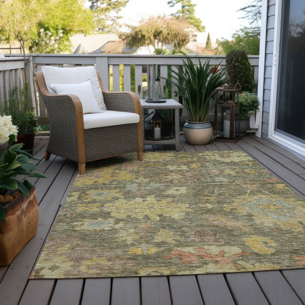 3' X 5' Artichoke Green Coral And Brown Floral Washable Indoor Outdoor Area Rug