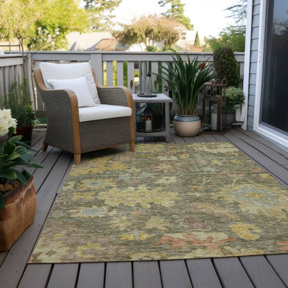 3' X 5' Artichoke Green Coral And Brown Floral Washable Indoor Outdoor Area Rug