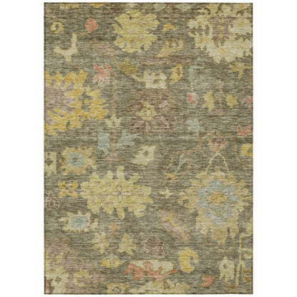 3' X 5' Artichoke Green Coral And Brown Floral Washable Indoor Outdoor Area Rug