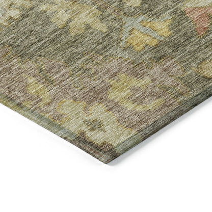 3' X 5' Artichoke Green Coral And Brown Floral Washable Indoor Outdoor Area Rug