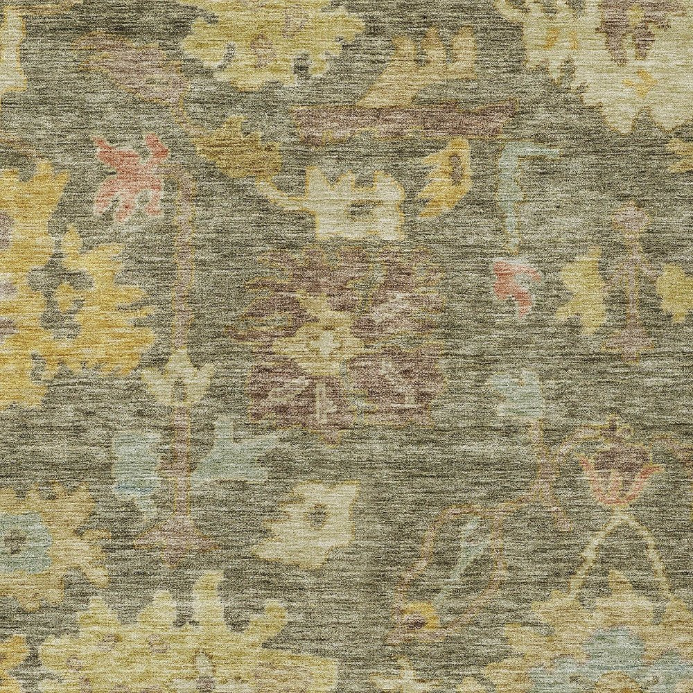 3' X 5' Artichoke Green Coral And Brown Floral Washable Indoor Outdoor Area Rug