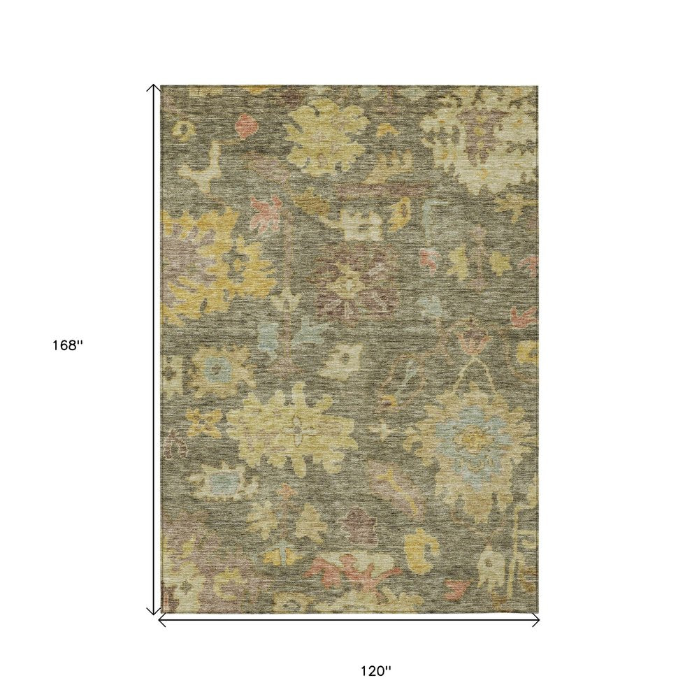 3' X 5' Artichoke Green Coral And Brown Floral Washable Indoor Outdoor Area Rug
