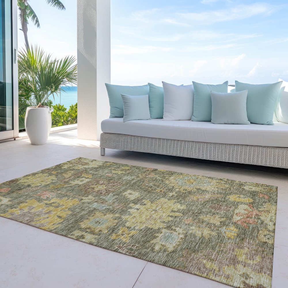 3' X 5' Artichoke Green Coral And Brown Floral Washable Indoor Outdoor Area Rug
