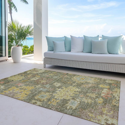 3' X 5' Artichoke Green Coral And Brown Floral Washable Indoor Outdoor Area Rug