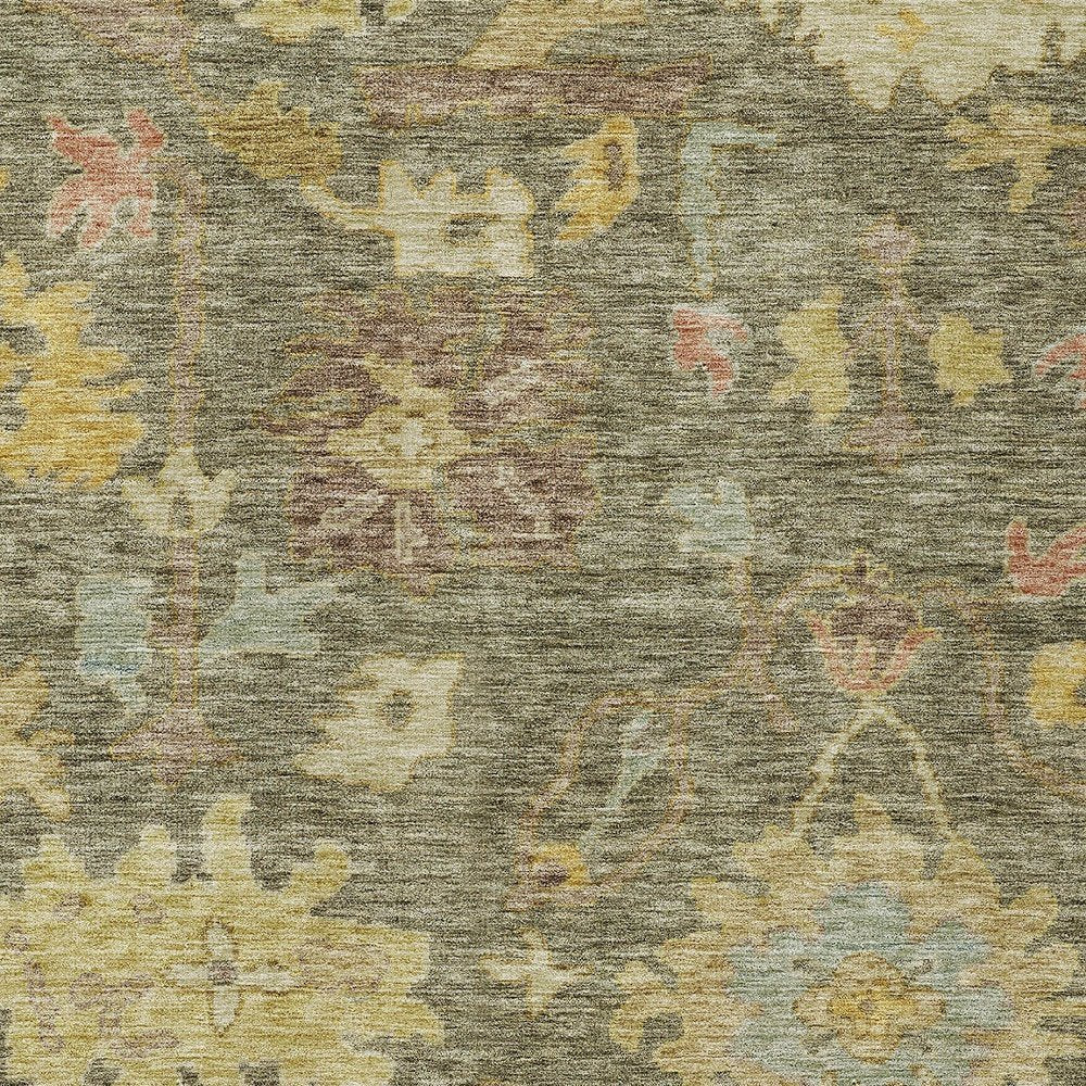 3' X 5' Artichoke Green Coral And Brown Floral Washable Indoor Outdoor Area Rug