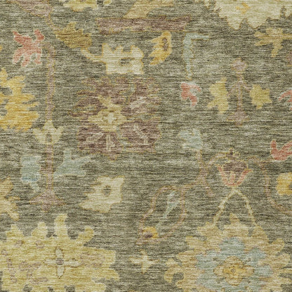 3' X 5' Artichoke Green Coral And Brown Floral Washable Indoor Outdoor Area Rug