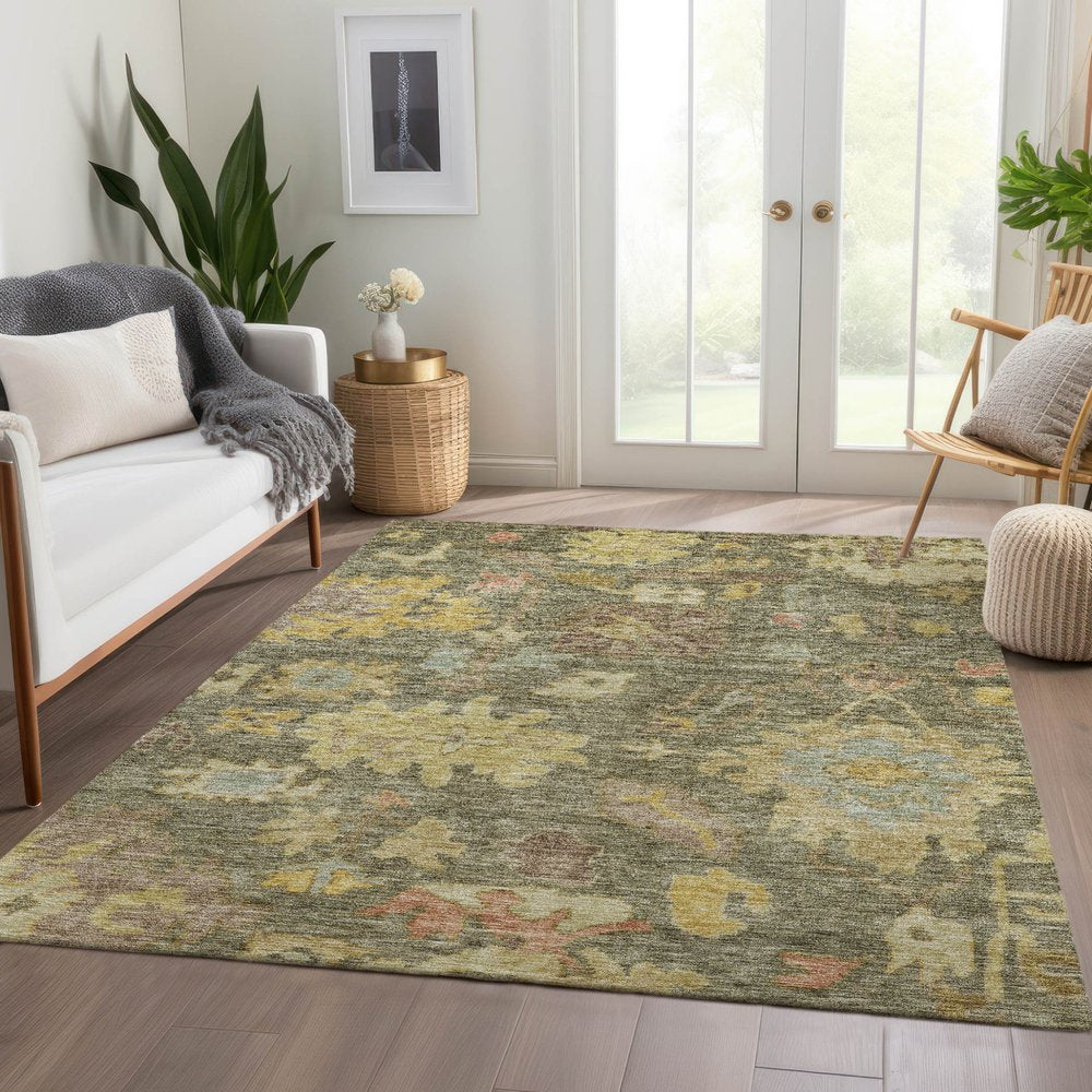 3' X 5' Artichoke Green Coral And Brown Floral Washable Indoor Outdoor Area Rug