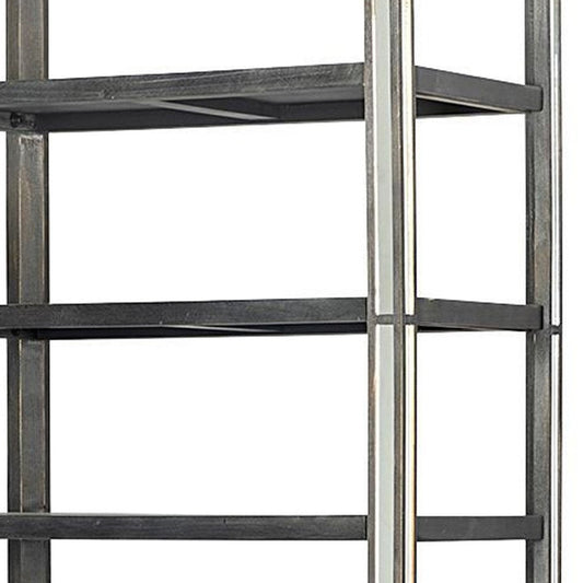 32" Dark Brown Solid Wood and Mirrored Glass Four Tier Bookcase with Three Drawers