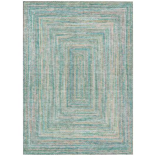 9' X 12' Teal Blue Beige And Ivory Geometric Washable Indoor Outdoor Area Rug
