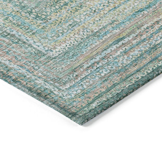 9' X 12' Teal Blue Beige And Ivory Geometric Washable Indoor Outdoor Area Rug