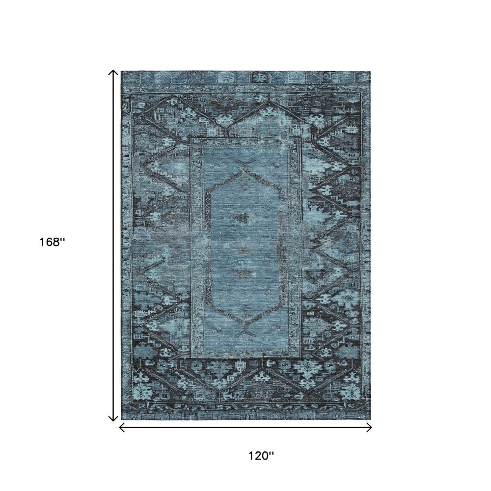 10' X 14' Blue And Gray Oriental Washable Indoor Outdoor Area Rug