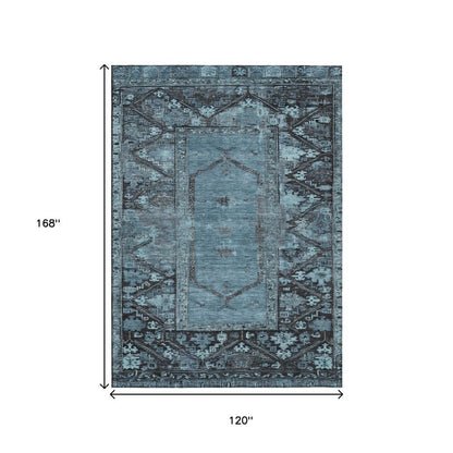10' X 14' Blue And Gray Oriental Washable Indoor Outdoor Area Rug