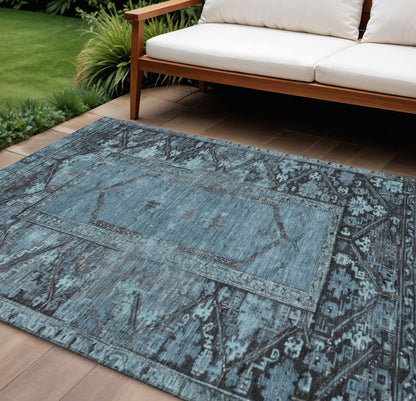 10' X 14' Blue And Gray Oriental Washable Indoor Outdoor Area Rug