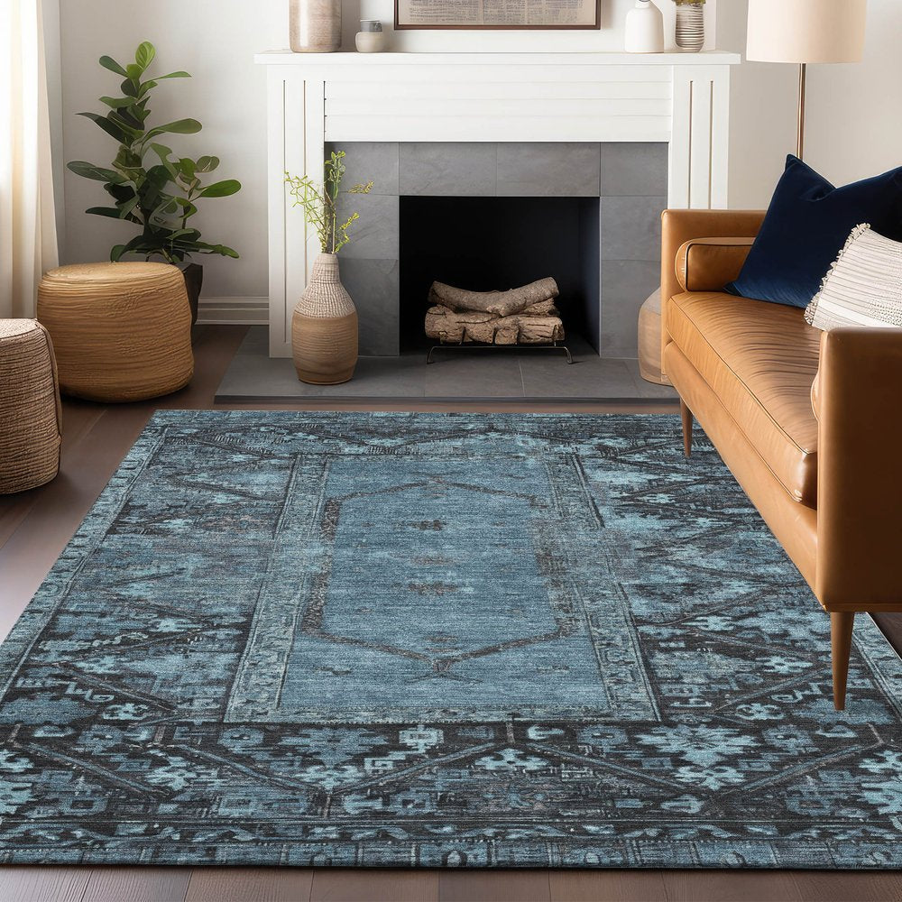 10' X 14' Blue And Gray Oriental Washable Indoor Outdoor Area Rug