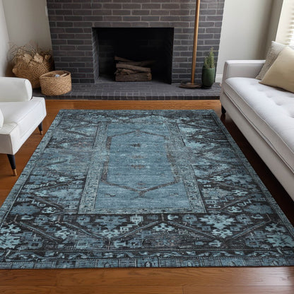 10' X 14' Blue And Gray Oriental Washable Indoor Outdoor Area Rug