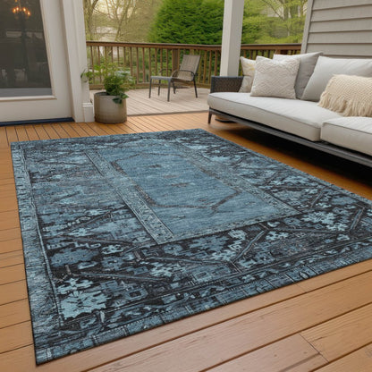 10' X 14' Blue And Gray Oriental Washable Indoor Outdoor Area Rug