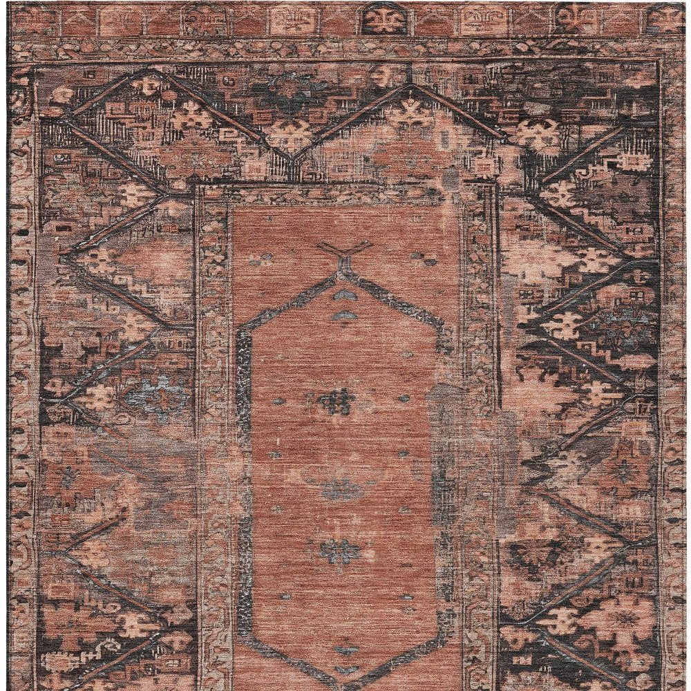 9' X 12' Terra Cotta And Gray Oriental Washable Indoor Outdoor Area Rug