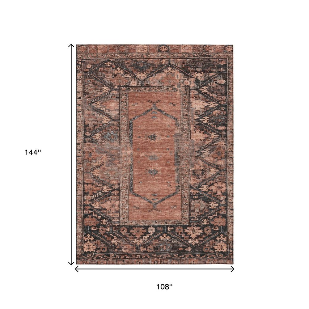 9' X 12' Terra Cotta And Gray Oriental Washable Indoor Outdoor Area Rug