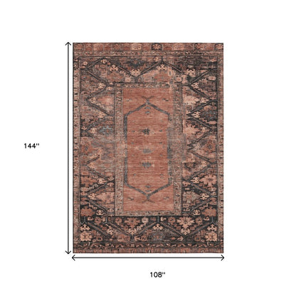 9' X 12' Terra Cotta And Gray Oriental Washable Indoor Outdoor Area Rug