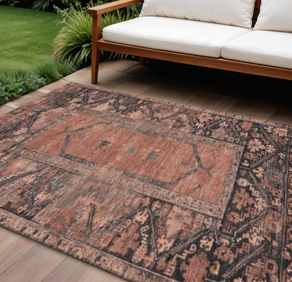 9' X 12' Terra Cotta And Gray Oriental Washable Indoor Outdoor Area Rug