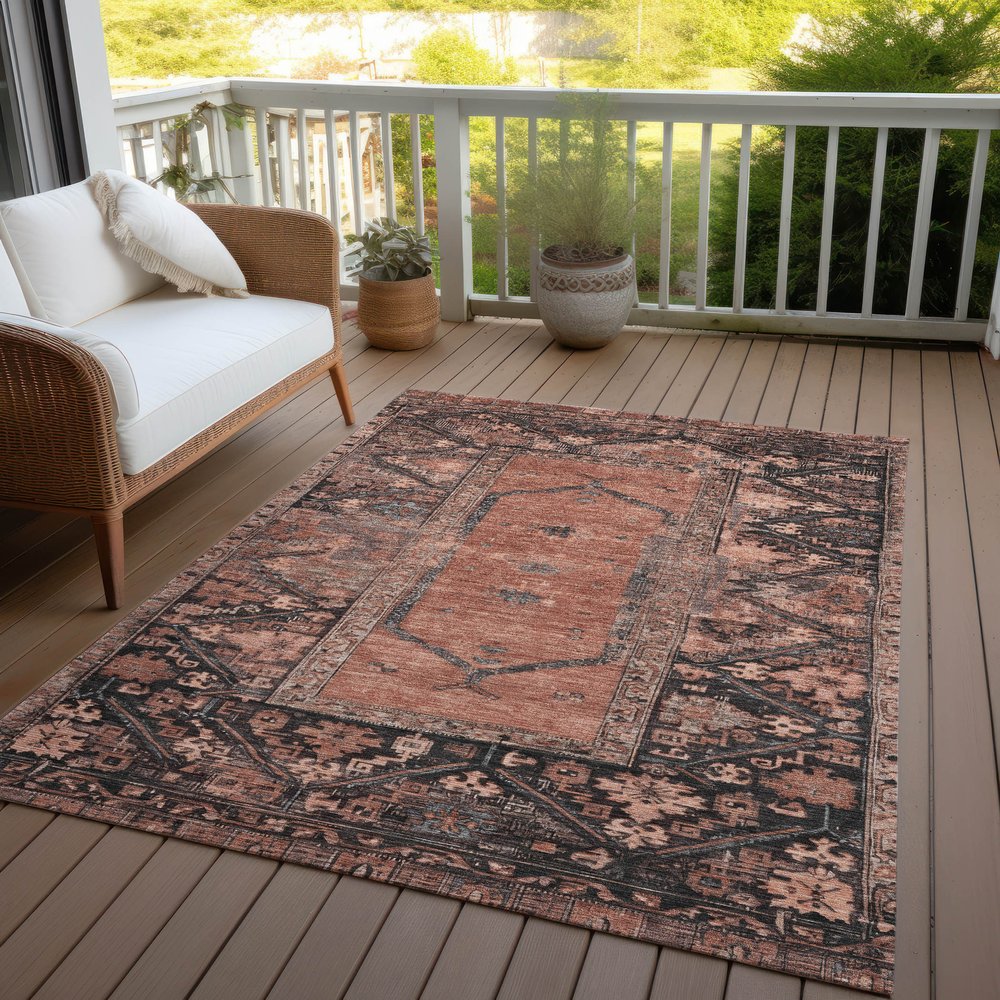 9' X 12' Terra Cotta And Gray Oriental Washable Indoor Outdoor Area Rug