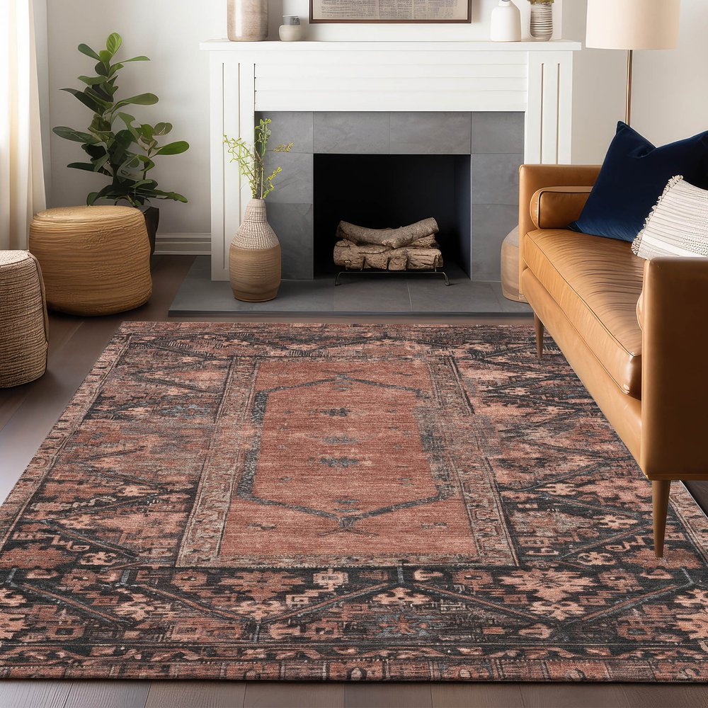 9' X 12' Terra Cotta And Gray Oriental Washable Indoor Outdoor Area Rug