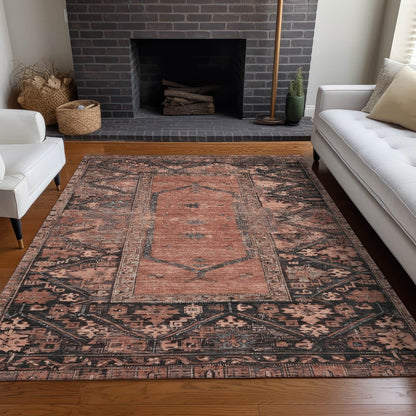 9' X 12' Terra Cotta And Gray Oriental Washable Indoor Outdoor Area Rug