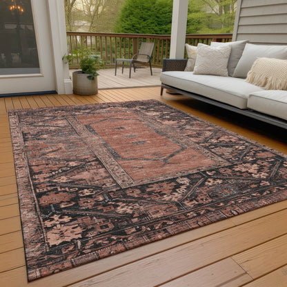 9' X 12' Terra Cotta And Gray Oriental Washable Indoor Outdoor Area Rug
