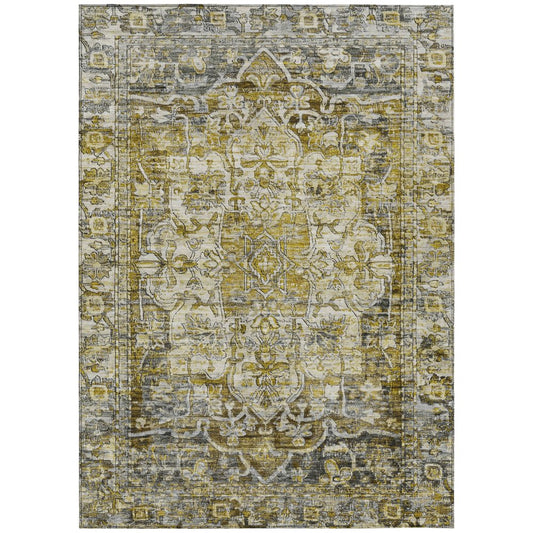 9' X 12' Pewter Gray And Gold Floral Medallion Washable Indoor Outdoor Area Rug