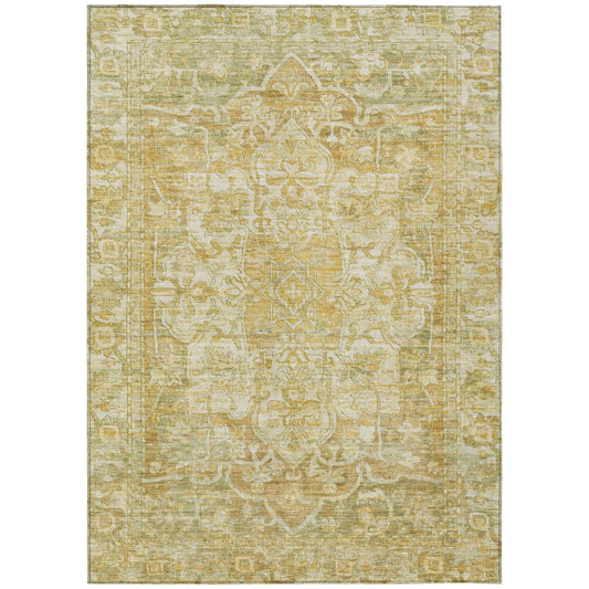 10' X 14' Tan Gold And Ivory Floral Medallion Washable Indoor Outdoor Area Rug