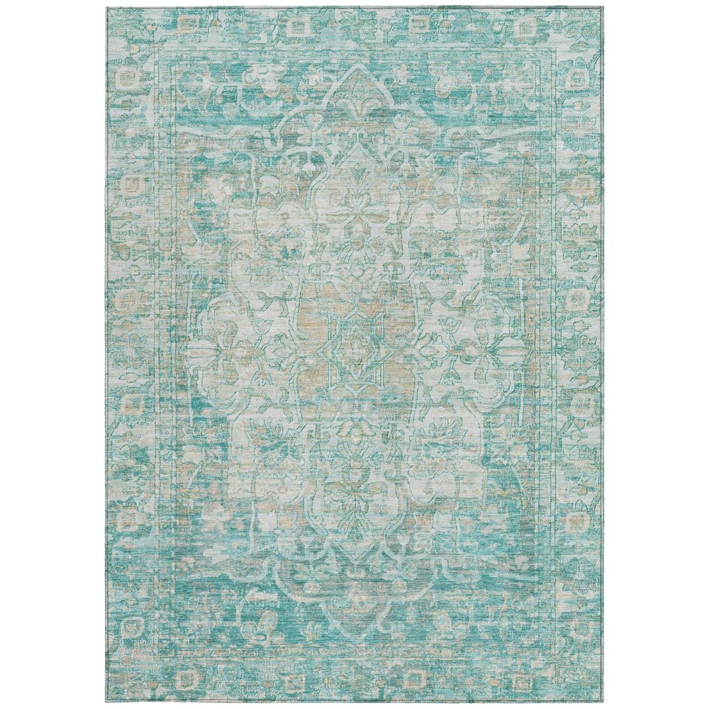 9' X 12' Teal Blue And Ivory Floral Medallion Washable Indoor Outdoor Area Rug
