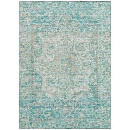 9' X 12' Teal Blue And Ivory Floral Medallion Washable Indoor Outdoor Area Rug