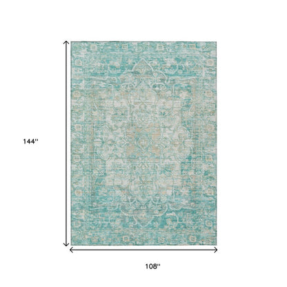 9' X 12' Teal Blue And Ivory Floral Medallion Washable Indoor Outdoor Area Rug