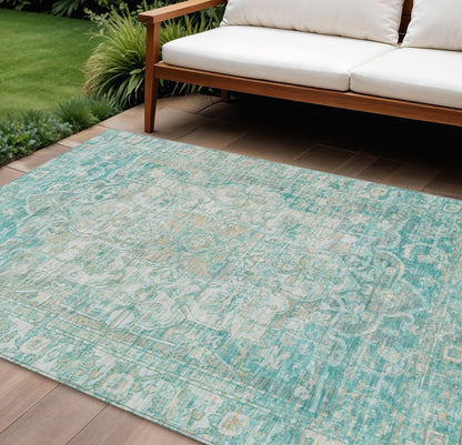 9' X 12' Teal Blue And Ivory Floral Medallion Washable Indoor Outdoor Area Rug