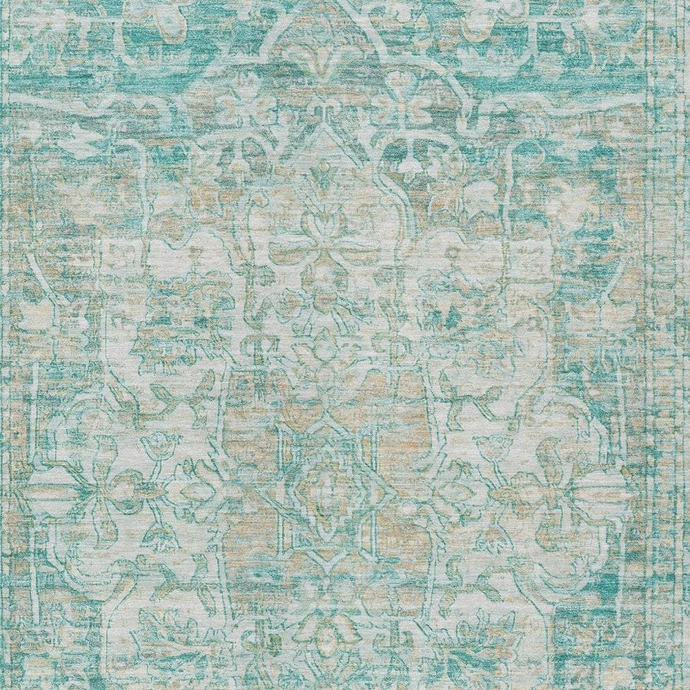 9' X 12' Teal Blue And Ivory Floral Medallion Washable Indoor Outdoor Area Rug