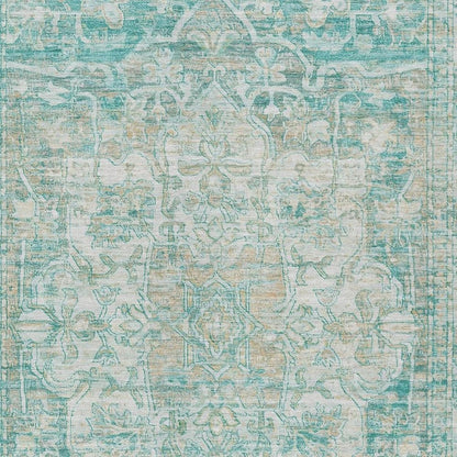 9' X 12' Teal Blue And Ivory Floral Medallion Washable Indoor Outdoor Area Rug