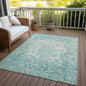 9' X 12' Teal Blue And Ivory Floral Medallion Washable Indoor Outdoor Area Rug