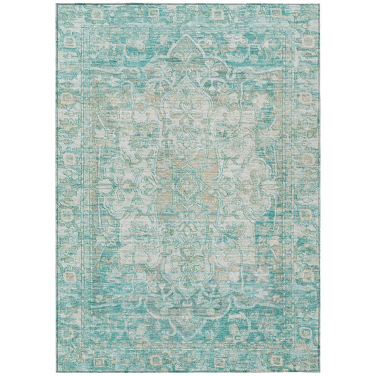 9' X 12' Teal Blue And Ivory Floral Medallion Washable Indoor Outdoor Area Rug