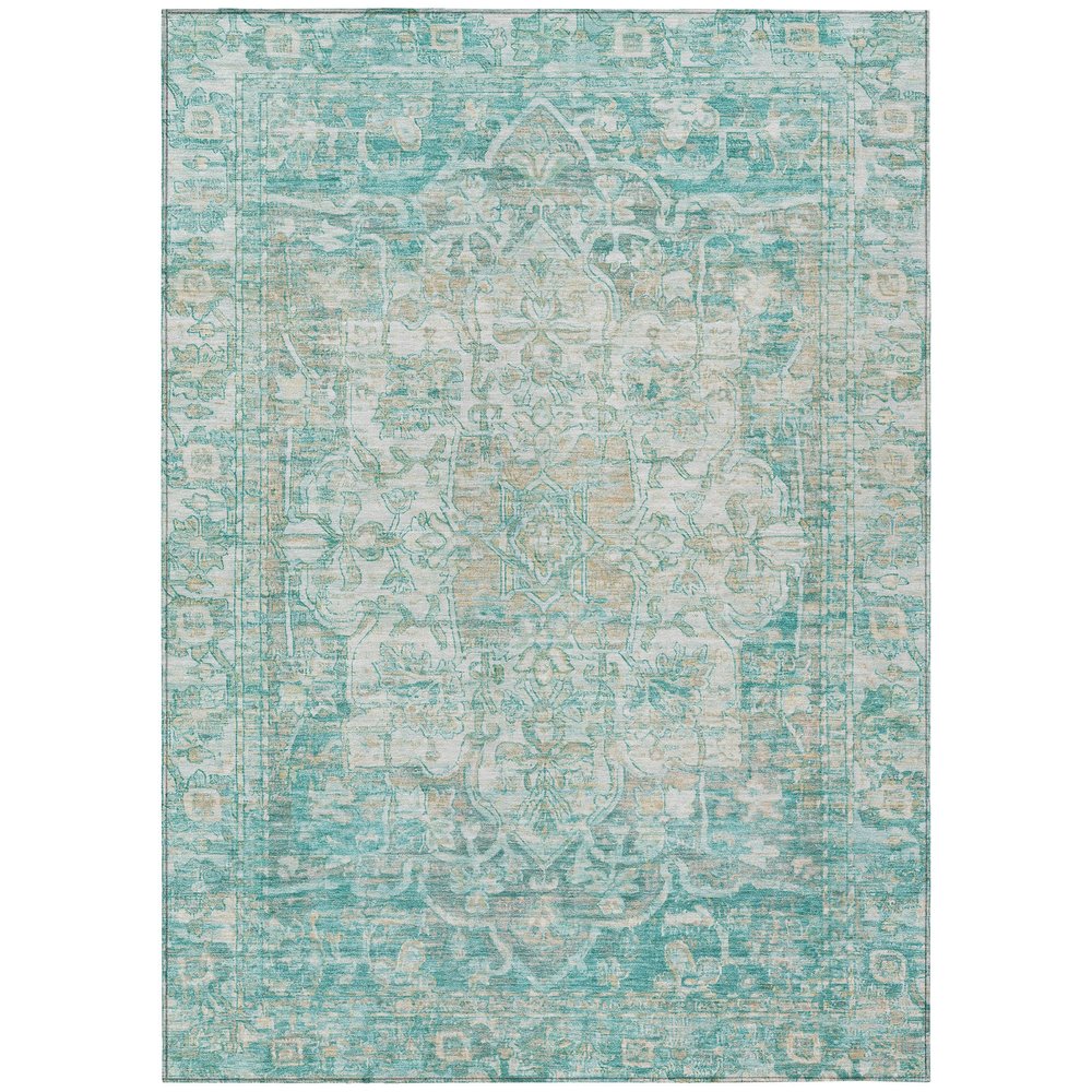 9' X 12' Teal Blue And Ivory Floral Medallion Washable Indoor Outdoor Area Rug
