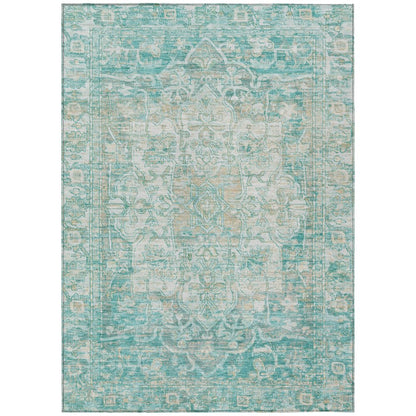 9' X 12' Teal Blue And Ivory Floral Medallion Washable Indoor Outdoor Area Rug