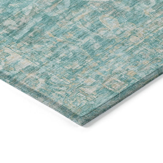 9' X 12' Teal Blue And Ivory Floral Medallion Washable Indoor Outdoor Area Rug